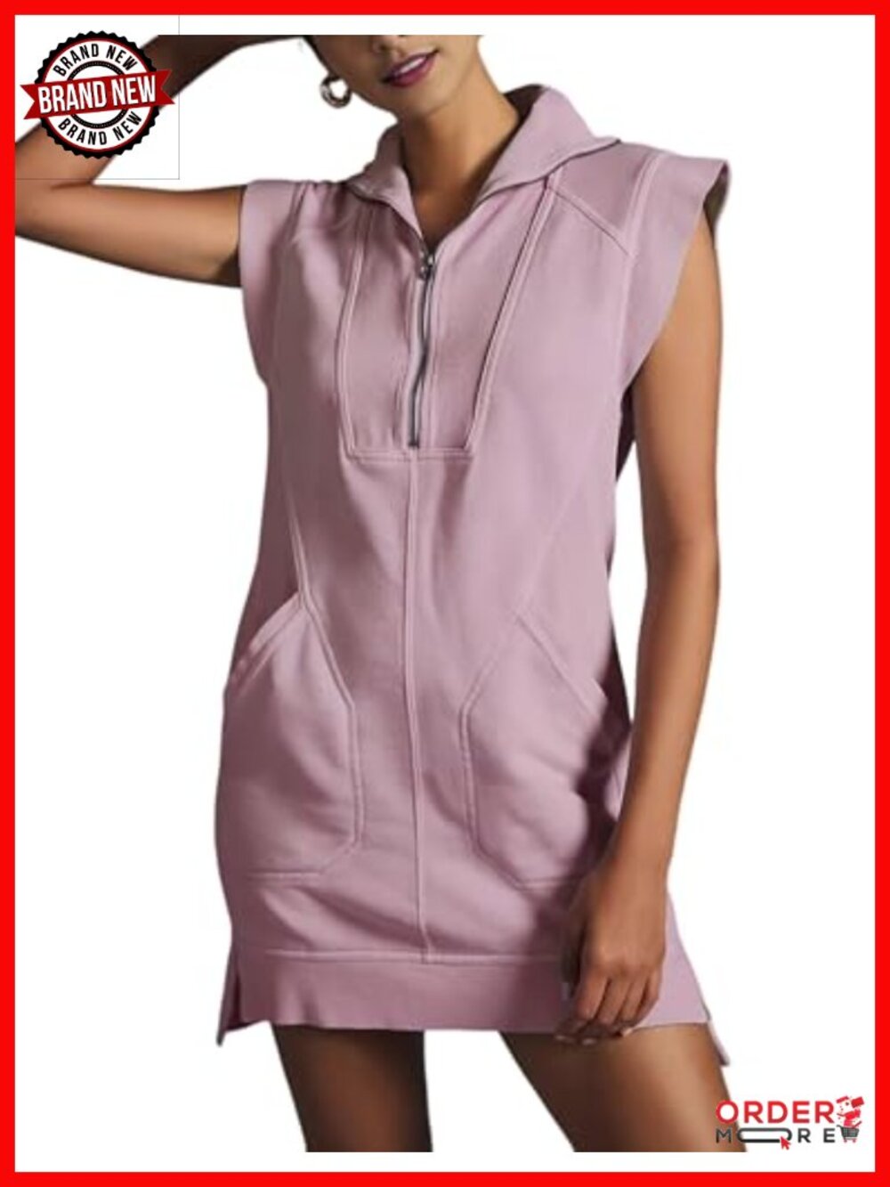 Half Zip Sweatshirt Dress Sleeveless Tunic Mini Dress Swing Silhouette
